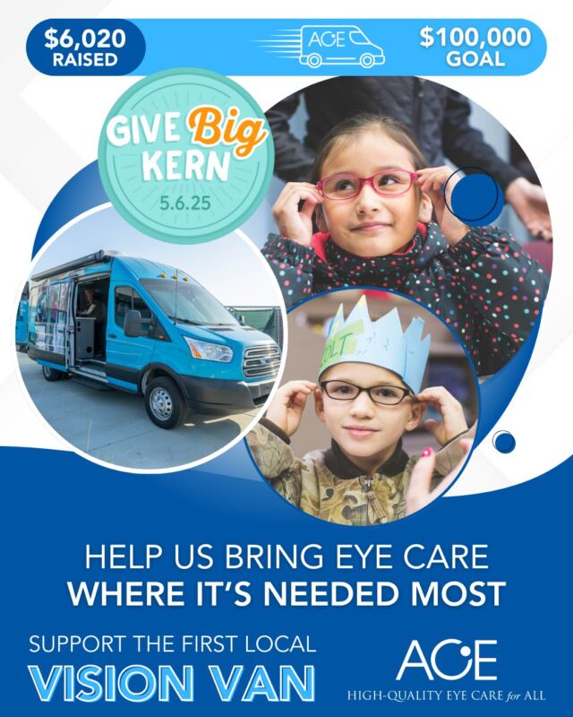 Kern County, you're amazing! We've now raised over $6,000 for the ACE Vision Van! 
🎉 Every dollar brings us closer to making this mobile clinic a reality for kids in underserved areas.
Our school-based vision centers and eye clinic are making a difference, but there are still several hours left in Give Big Kern to help us reach even more kids who cannot come to Bakersfield.
👉 Tap that link in our bio to help keep the momentum going and ensure every child in Kern County has the opportunity to see clearly.
#GiveBigKern #ACEVisionVan #KidsVision #VisionCareForAll #KernCounty #MakingADifference